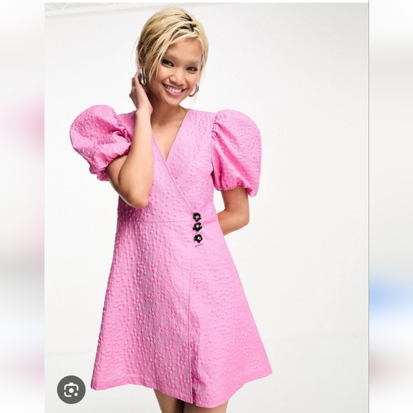 Sister Jane Pink Wrap Dress Puff Sleeves Asymmetrical - Picture 3 of 10
